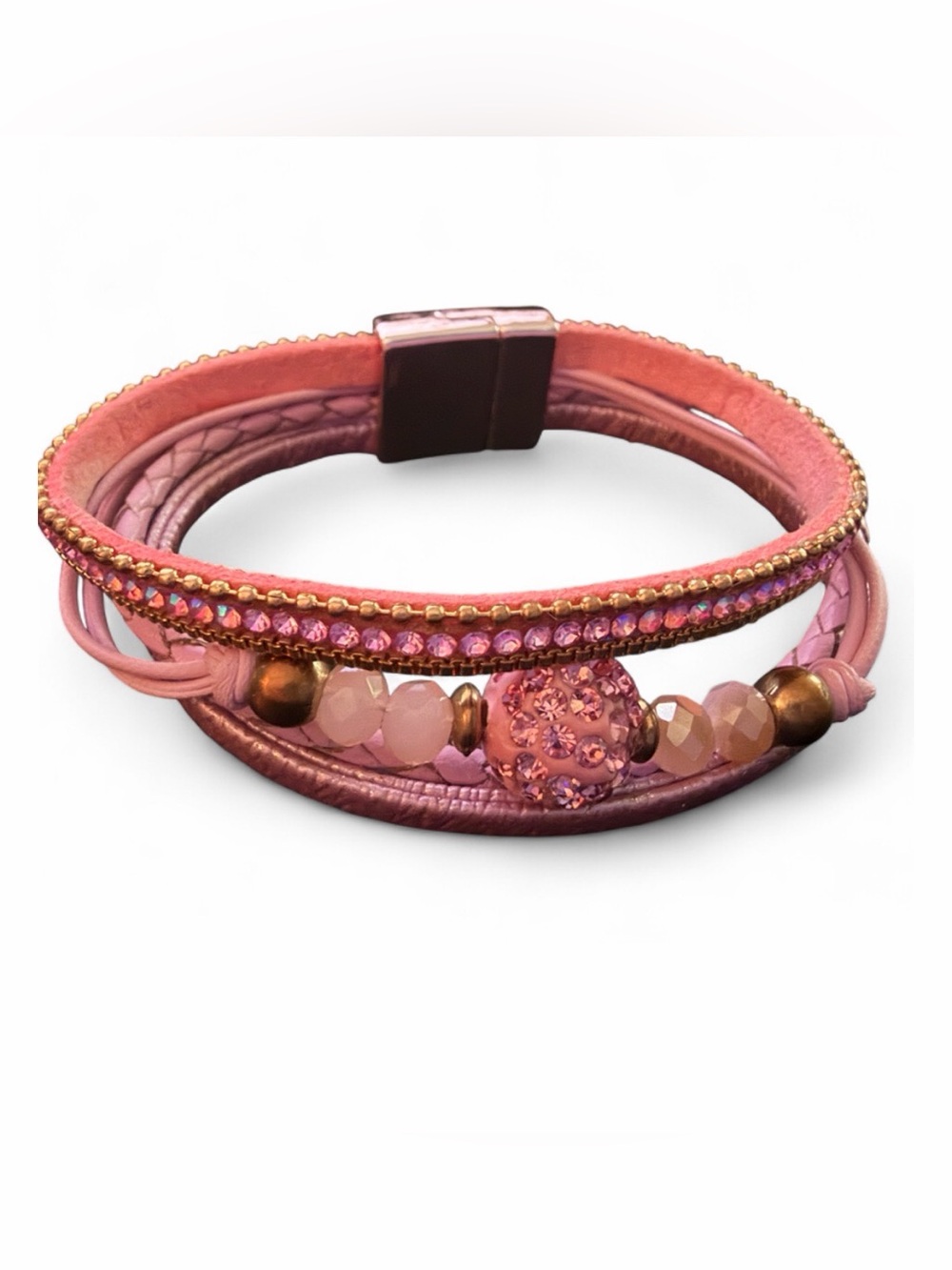 Boho Pink Multi-Row Crystal & Bead Wrapped Stack faux leather Bracelet